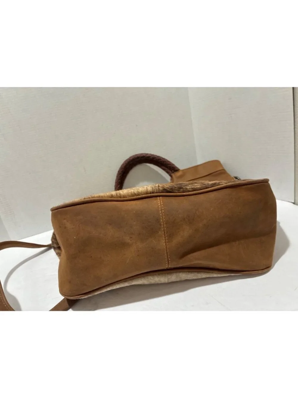 leather and real cowhide satchel brown braided handle shoulder bag made Mexico